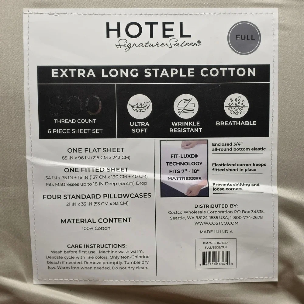 Hotel Signature 800TC Cotton Sateen Full Sheet Set Beige 6 Piece New *